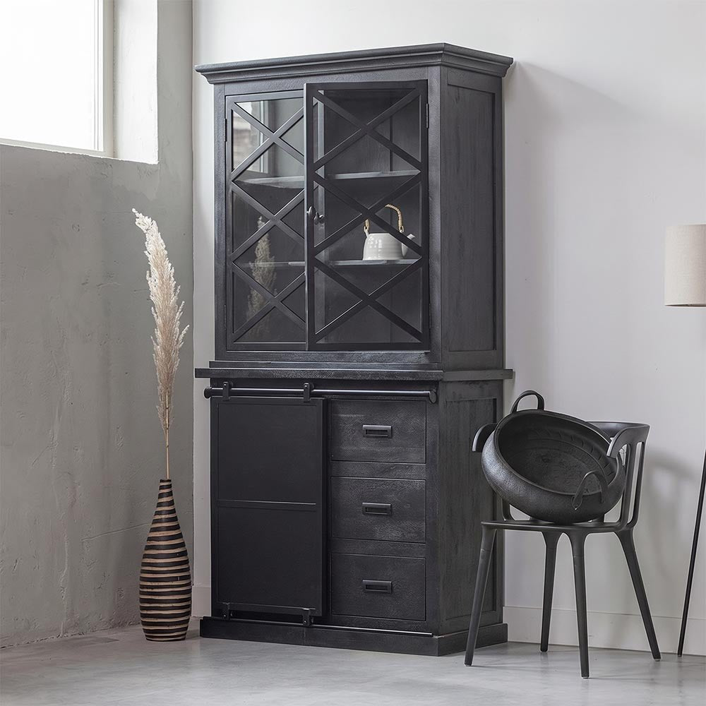 Príborník z mangového dreva Denver Black, 100 cm, s dvierkami X /mahagon/