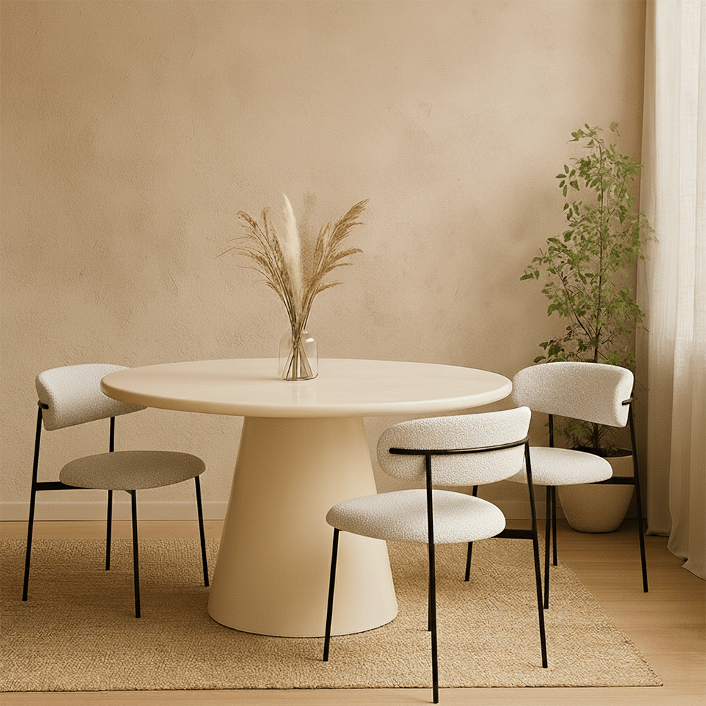 Jedálenský stôl Savannah z mikrocementu guľatý o priemere 120 cm, béžový