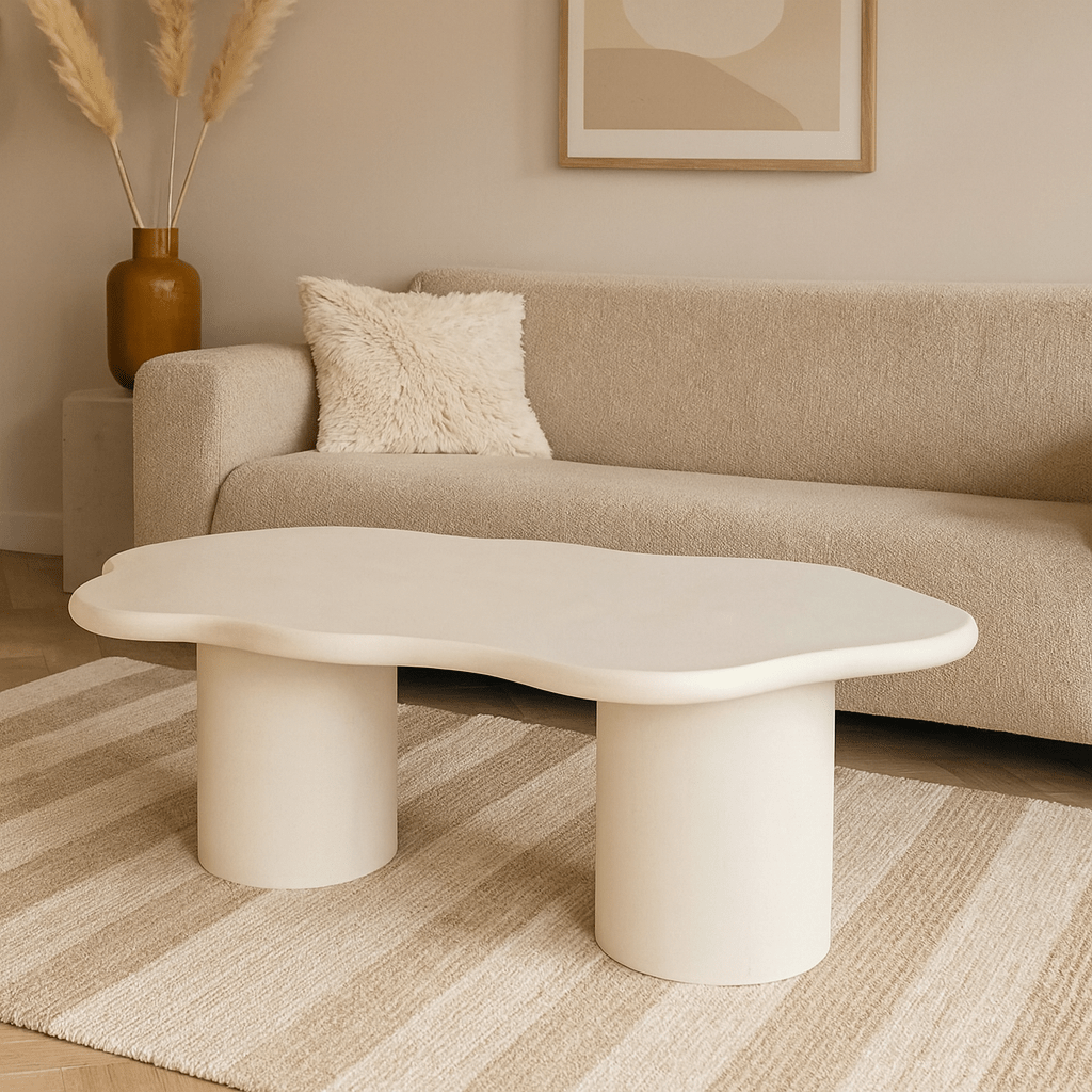 Konferenčný stolík Savannah z mikrocementu 120 cm, biely- mahagon