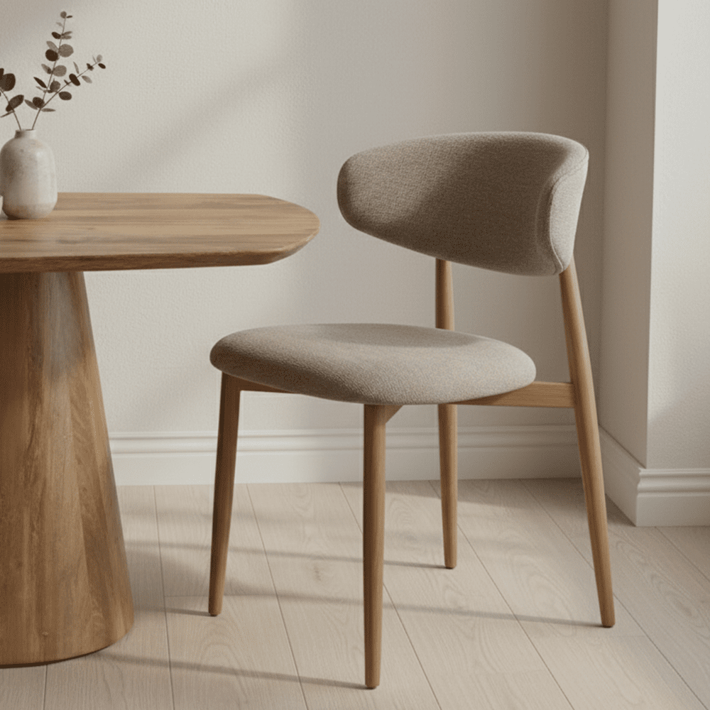 Jedálenská stolička Japandi  béžová s nohou vo farbe dubu, mahagon