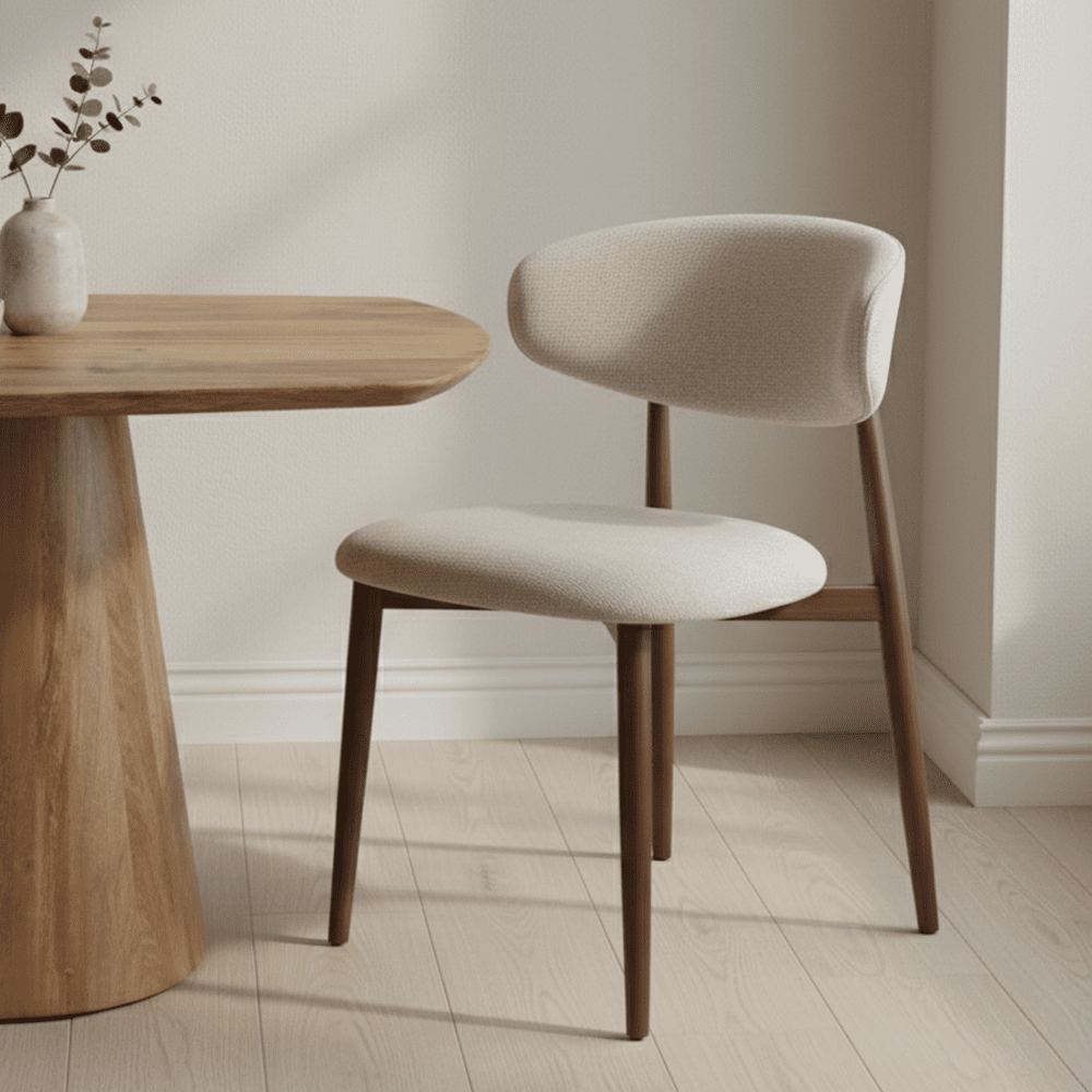 Jedálenská stolička Japandi  béžová s nohou vo farbe orechu, mahagon