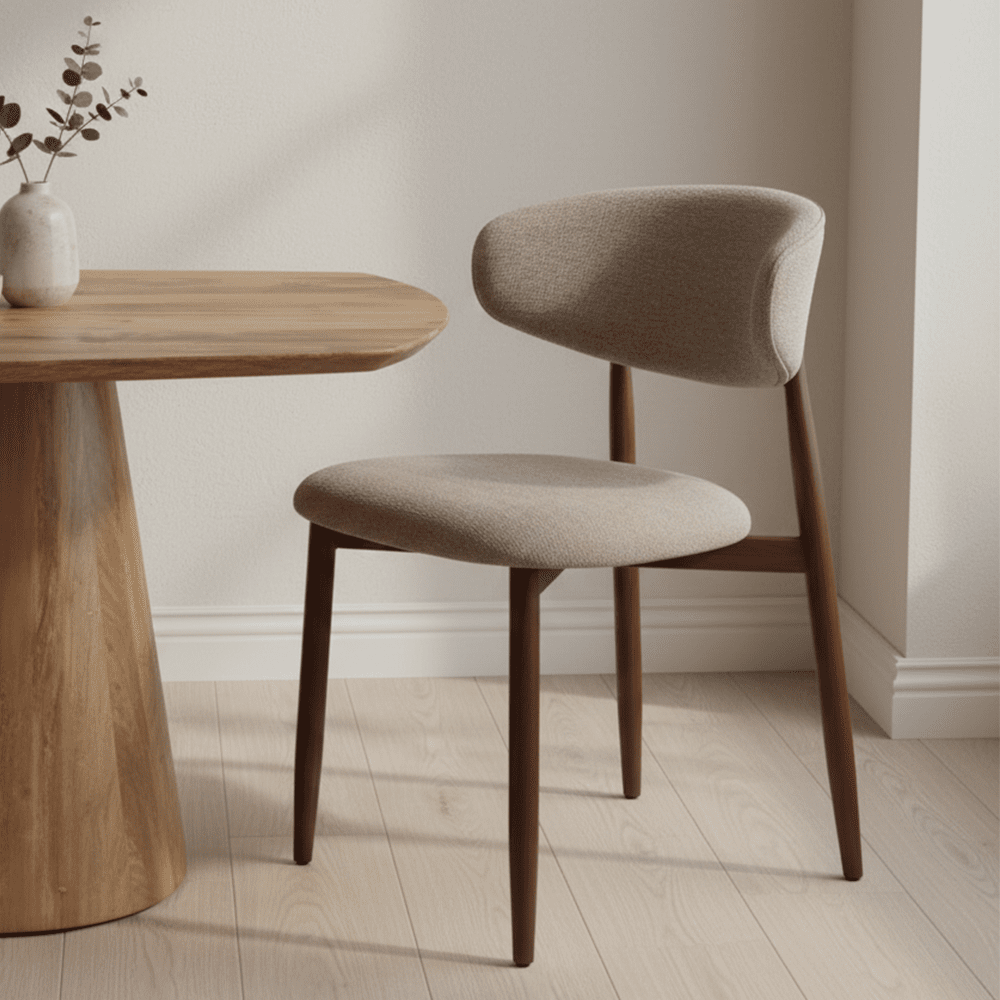 Jedálenská stolička Japandi šedo-hnedá s nohou vo farbe orechu, mahagon