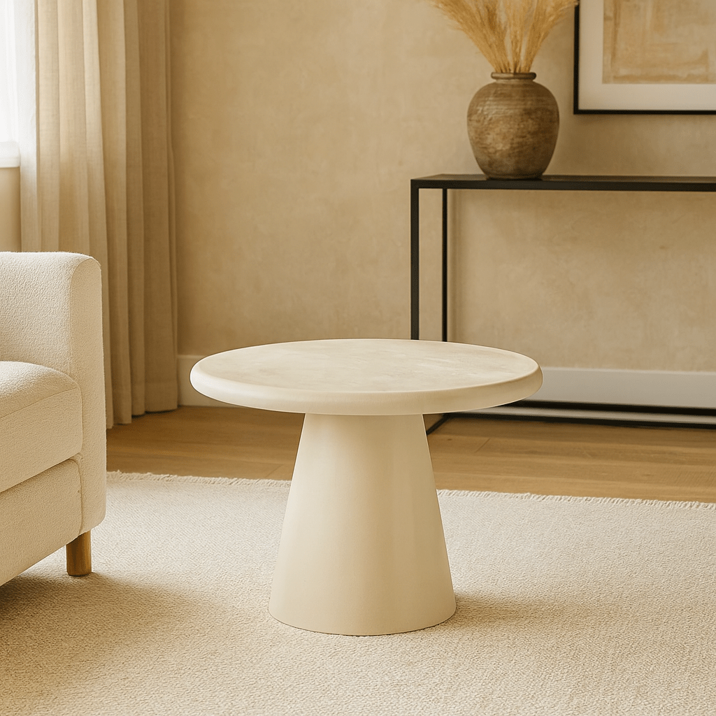 Jedálenský stôl Savannah z mikrocementu giľatý o priemere 60 cm, béžový